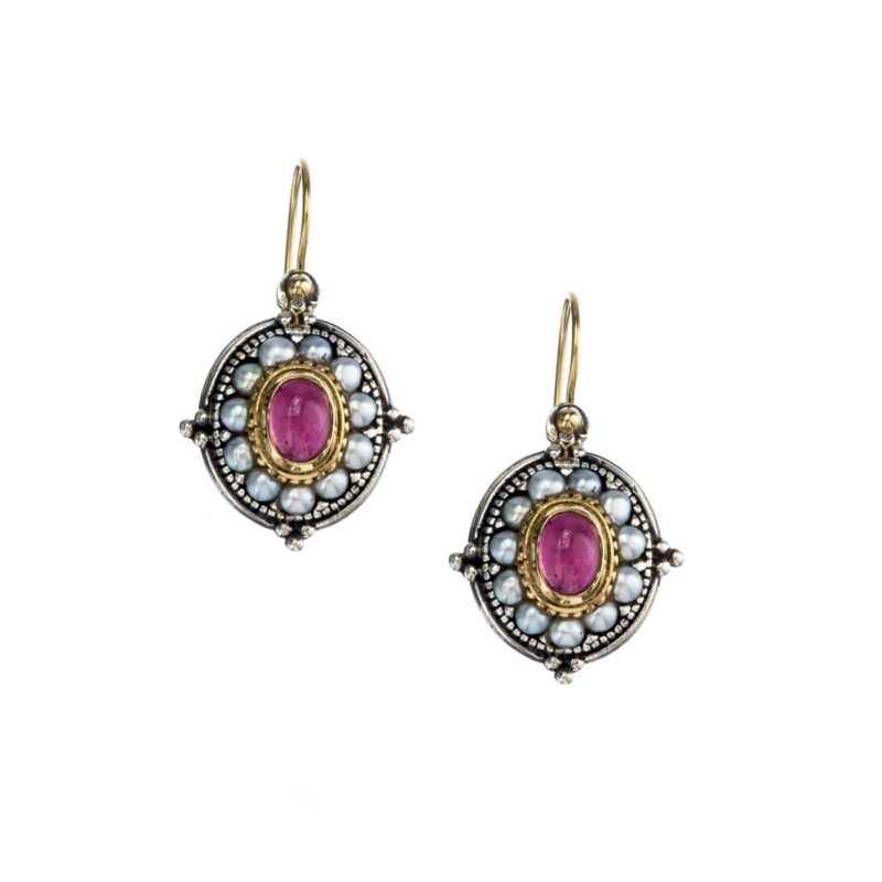 Athenian flowers Aphrodite oval earrings in 18K Gold and Sterling Silver with pink tourmaline