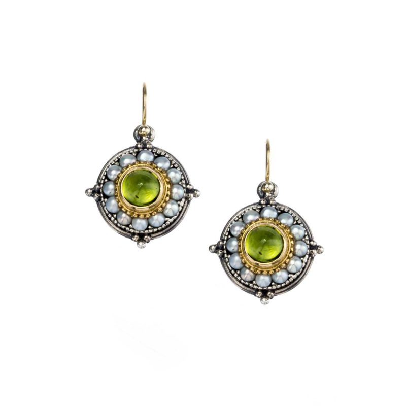 Athenian flowers Aphrodite round earrings in 18K Gold and Sterling Silver with peridot