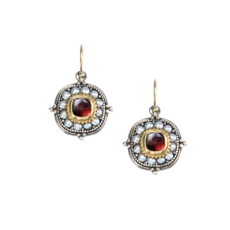 Athenian flowers Aphrodite cushion earrings in 18K Gold and Sterling Silver with garnet