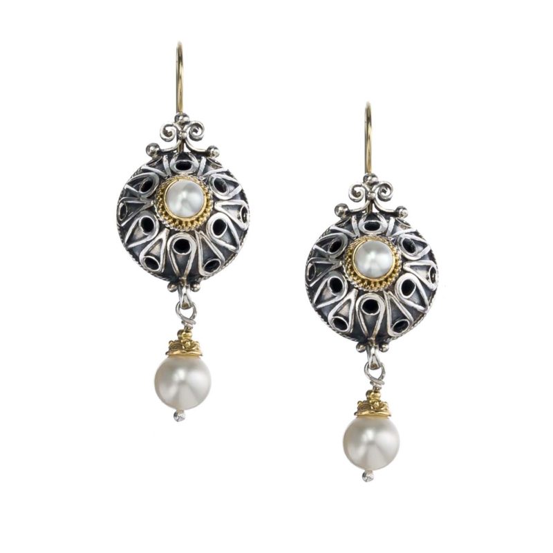 Santorini long earrings in 18K Gold and Sterling silver with pearls