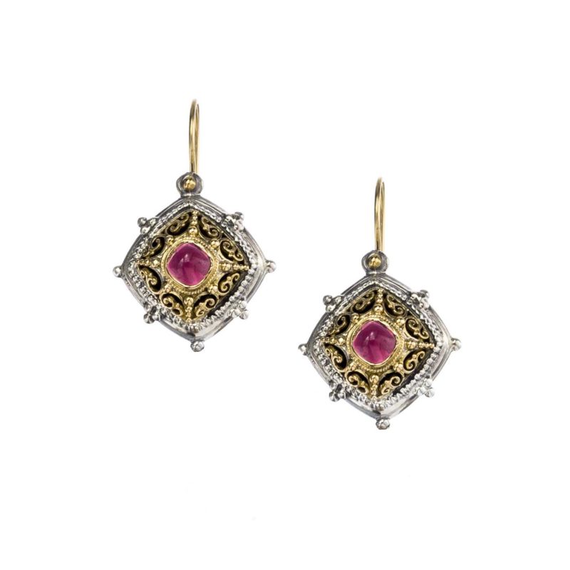 Byzantine earrings in 18K Gold and Sterling Silver with pink tourmaline