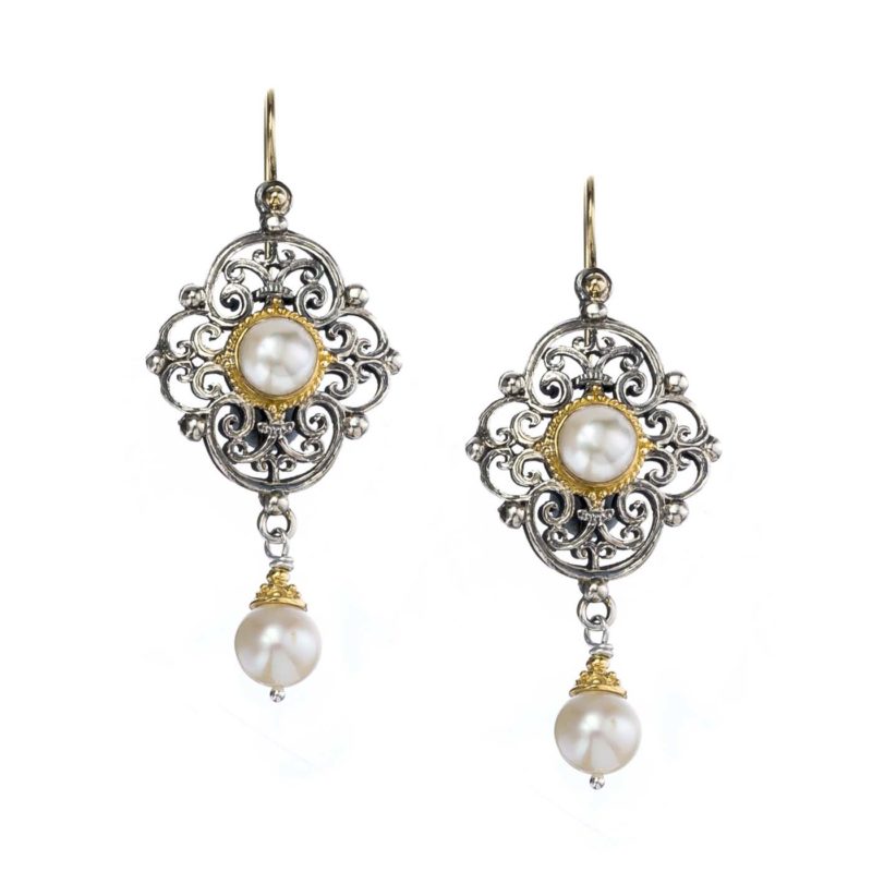 Byzantine long earrings in 18K Gold and Sterling silver with pearls