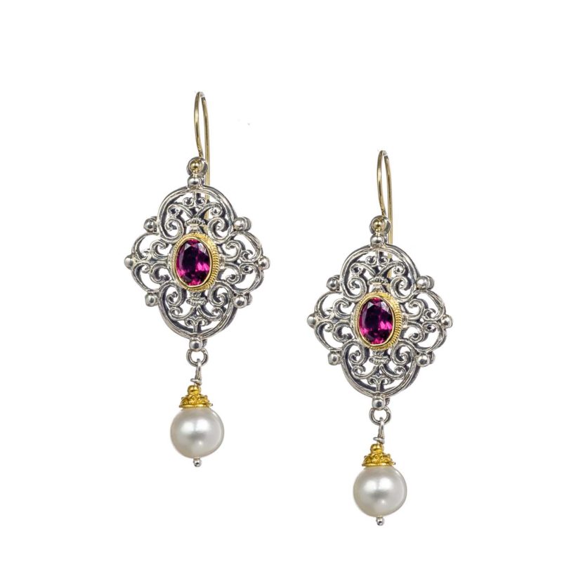 Byzantine long earrings in 18K Gold and Sterling silver with rhodolite