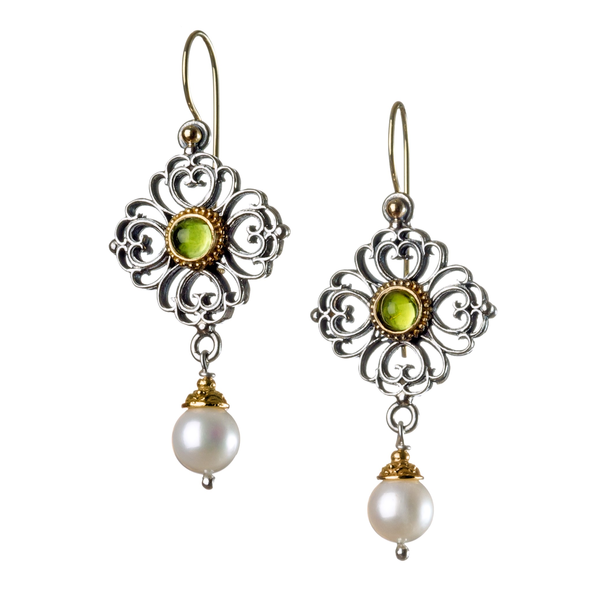 Byzantine long earrings in 18K Gold and Sterling Silver with peridot