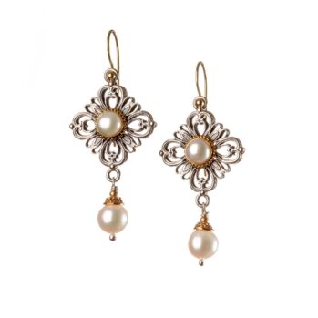 Byzantine long earrings in 18K Gold and Sterling silver with pearls