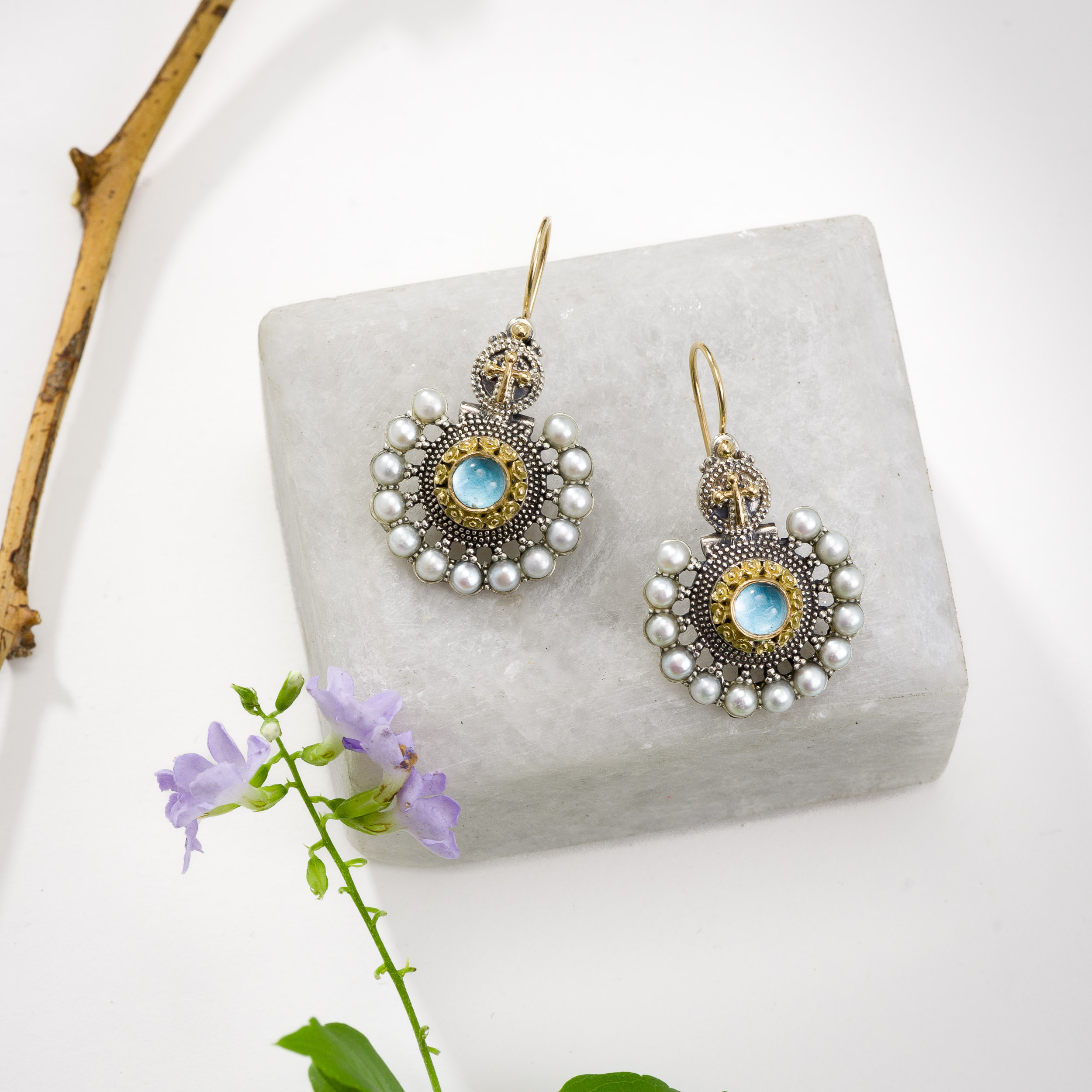 Athenian Flower Peacock Earrings in 18K Gold and Sterling Silver with Aquamarine