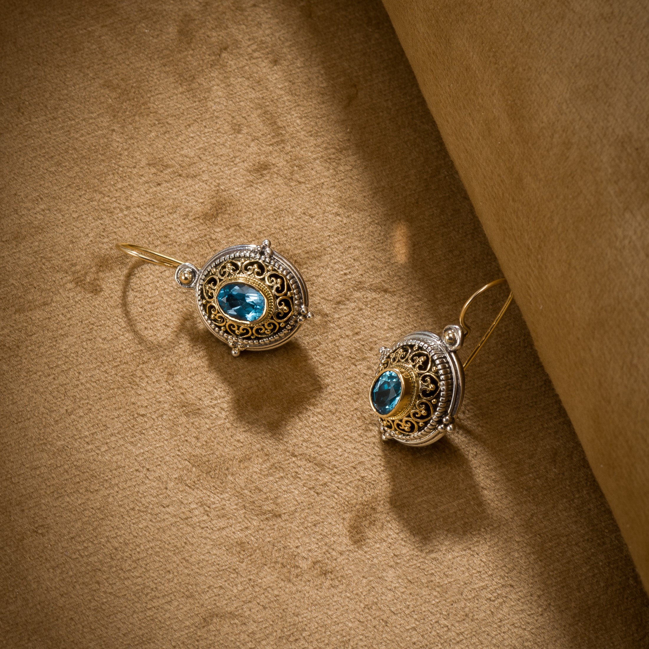 Byzantine earrings in 18K Gold and Sterling Silver with Blue Topaz