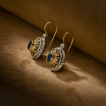 Byzantine earrings in 18K Gold and Sterling Silver with Blue Topaz - Image 2