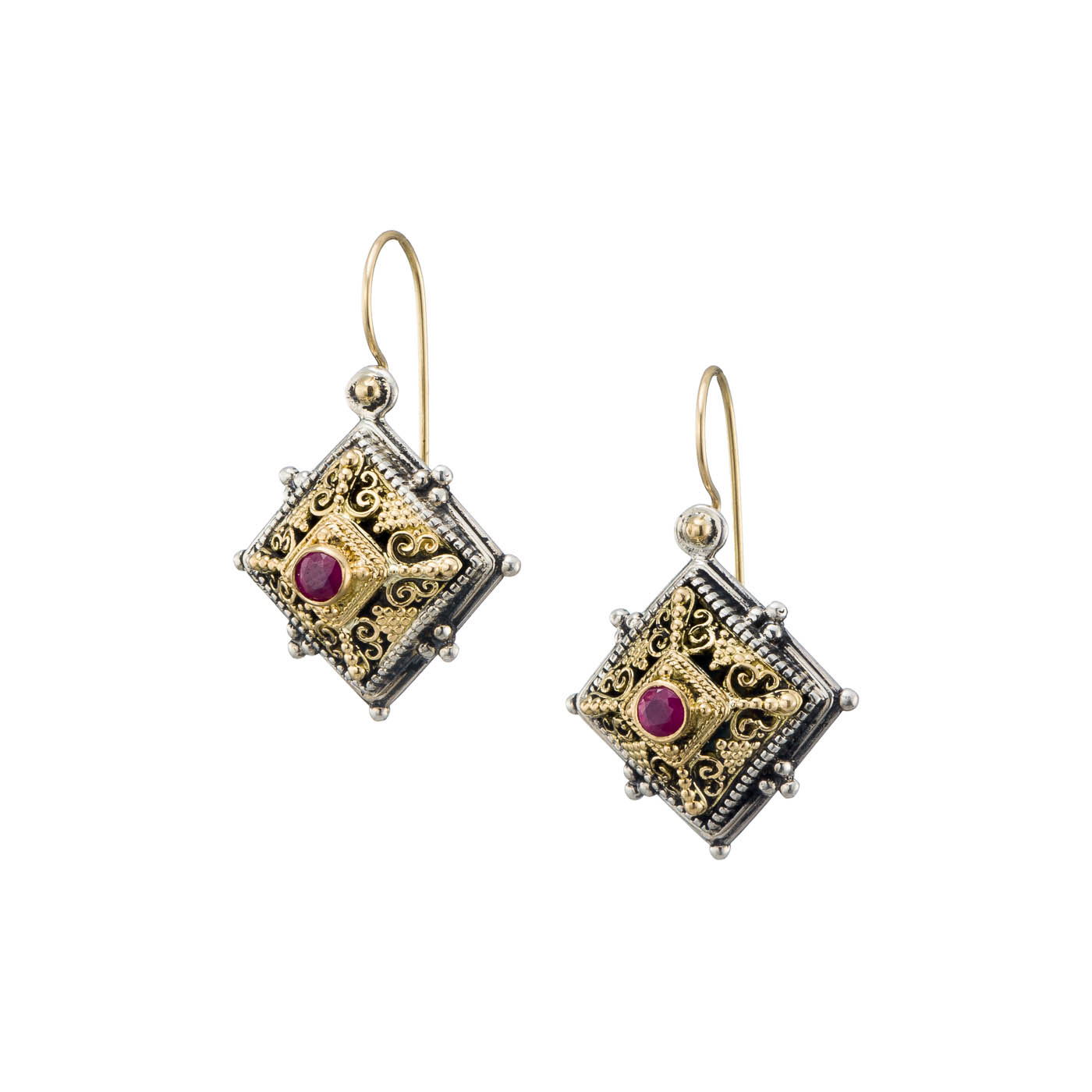 Byzantine earrings in 18K Gold and Sterling Silver with ruby