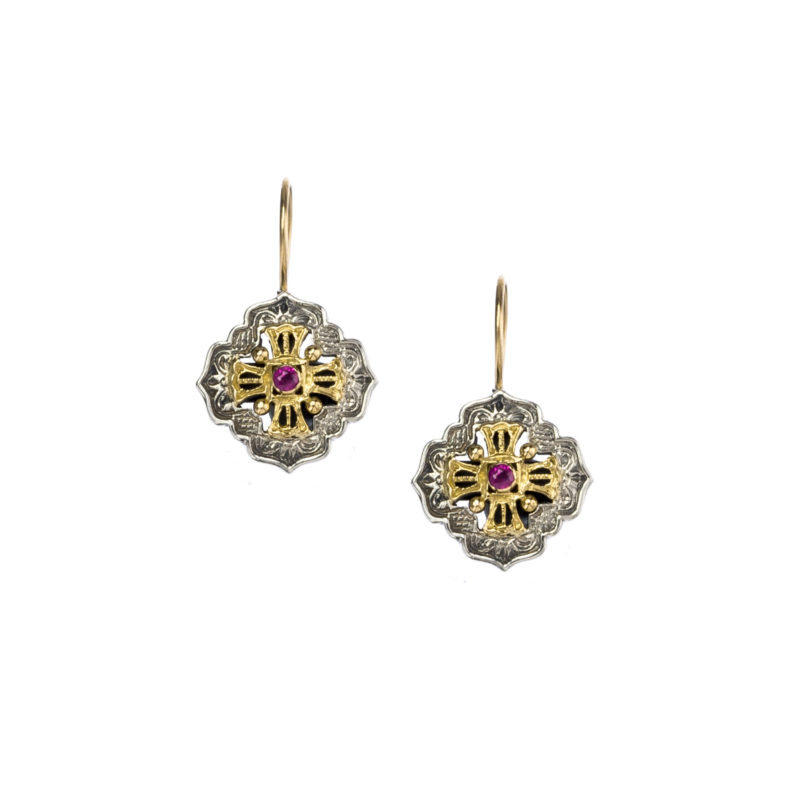 Byzantine cross earrings in 18K Gold and Sterling Silver with ruby