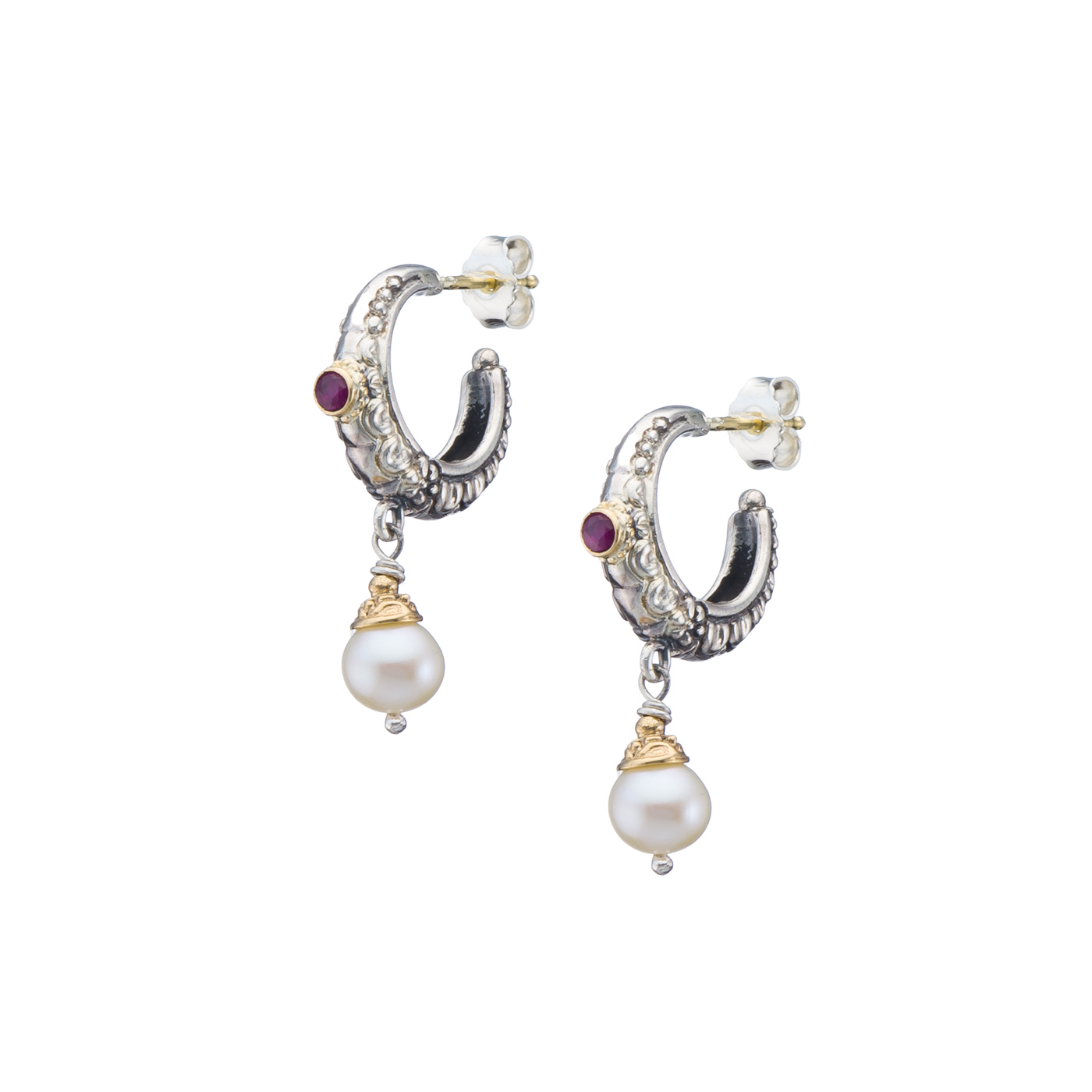 Santorini half hoop earrings in 18K Gold and Sterling Silver with ruby