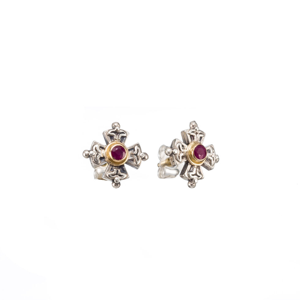 Cross Stud Earrings in 18K Gold with Sterling Silver with ruby