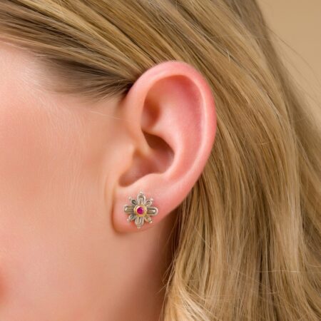 Cross Stud Earrings in 18K Gold and Sterling Silver with ruby
