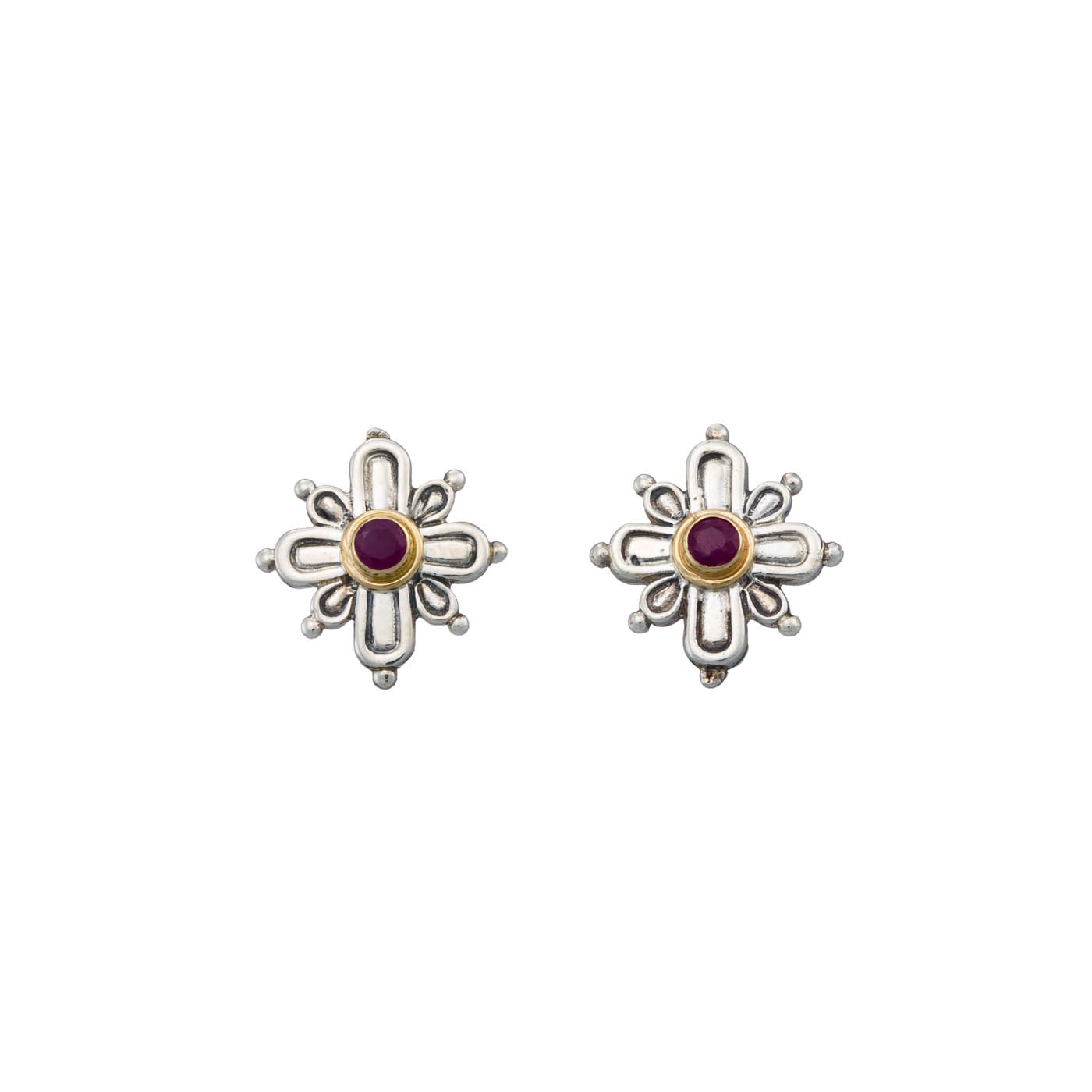 Cross Stud Earrings in 18K Gold and Sterling Silver with ruby