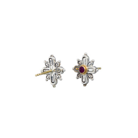 Cross Stud Earrings in 18K Gold and Sterling Silver with ruby - Image 3