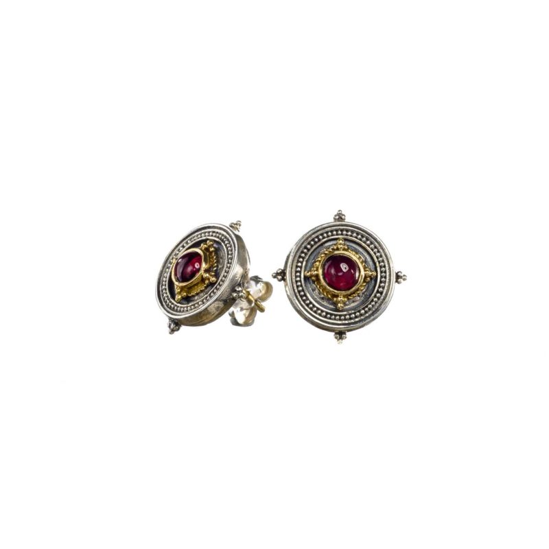 Cyclades Stud Earrings in 18K Gold and Sterling Silver with garnet