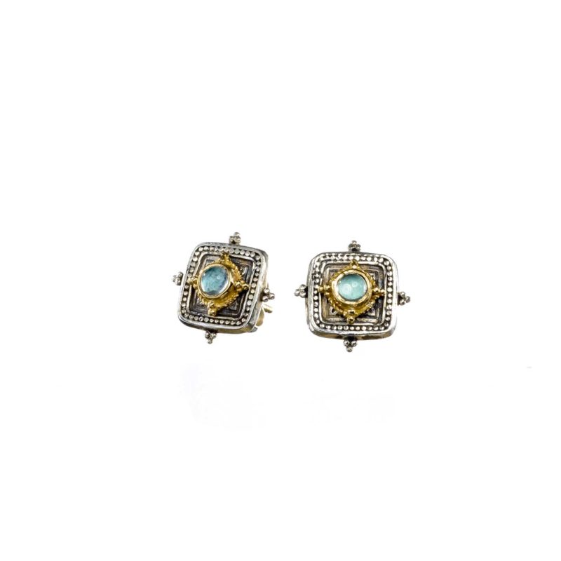 Cyclades Stud Earrings in 18K Gold and Sterling Silver with aquamarine