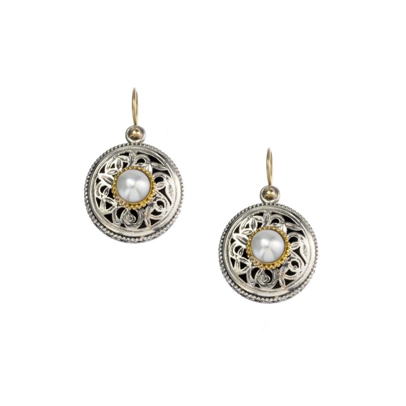Garden shadows round earrings in 18K Gold and  Sterling Silver with pearls