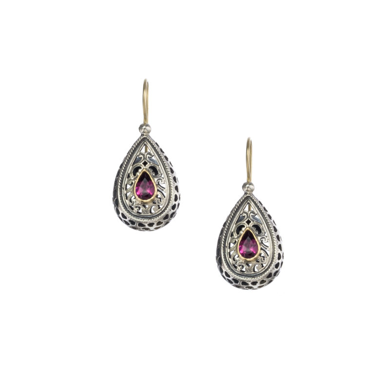 Garden shadows drop earrings in 18K Gold and Sterling Silver with rhodolite