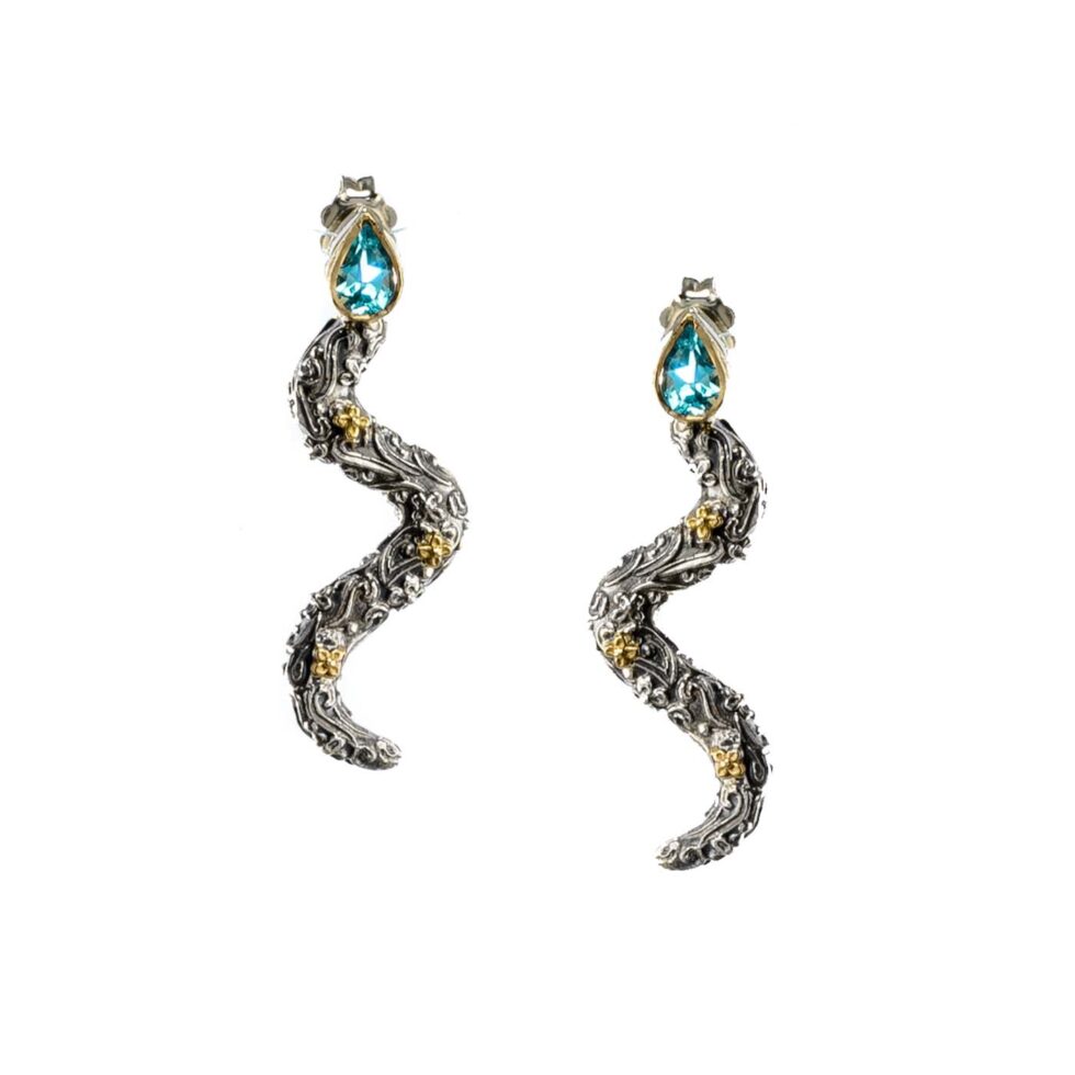 Eden's Garden Snake earrings in 18K Gold and Sterling Silver with blue topaz