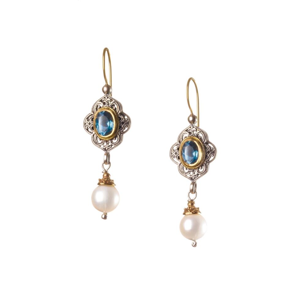 Byzantine long earrings in 18K Gold and Sterling Silver with Semi Precious Stones
