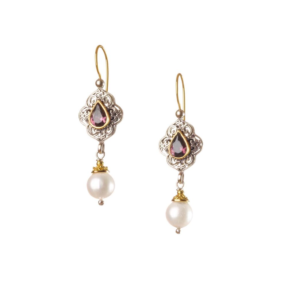 Byzantine long earrings in 18K Gold and Sterling Silver with rhodolite