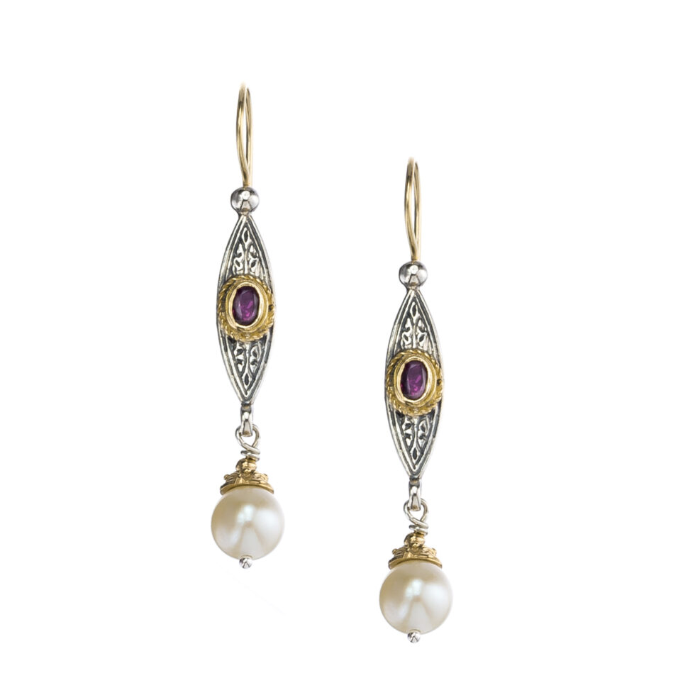 Byzantine long earrings in 18K Gold and Sterling Silver with ruby