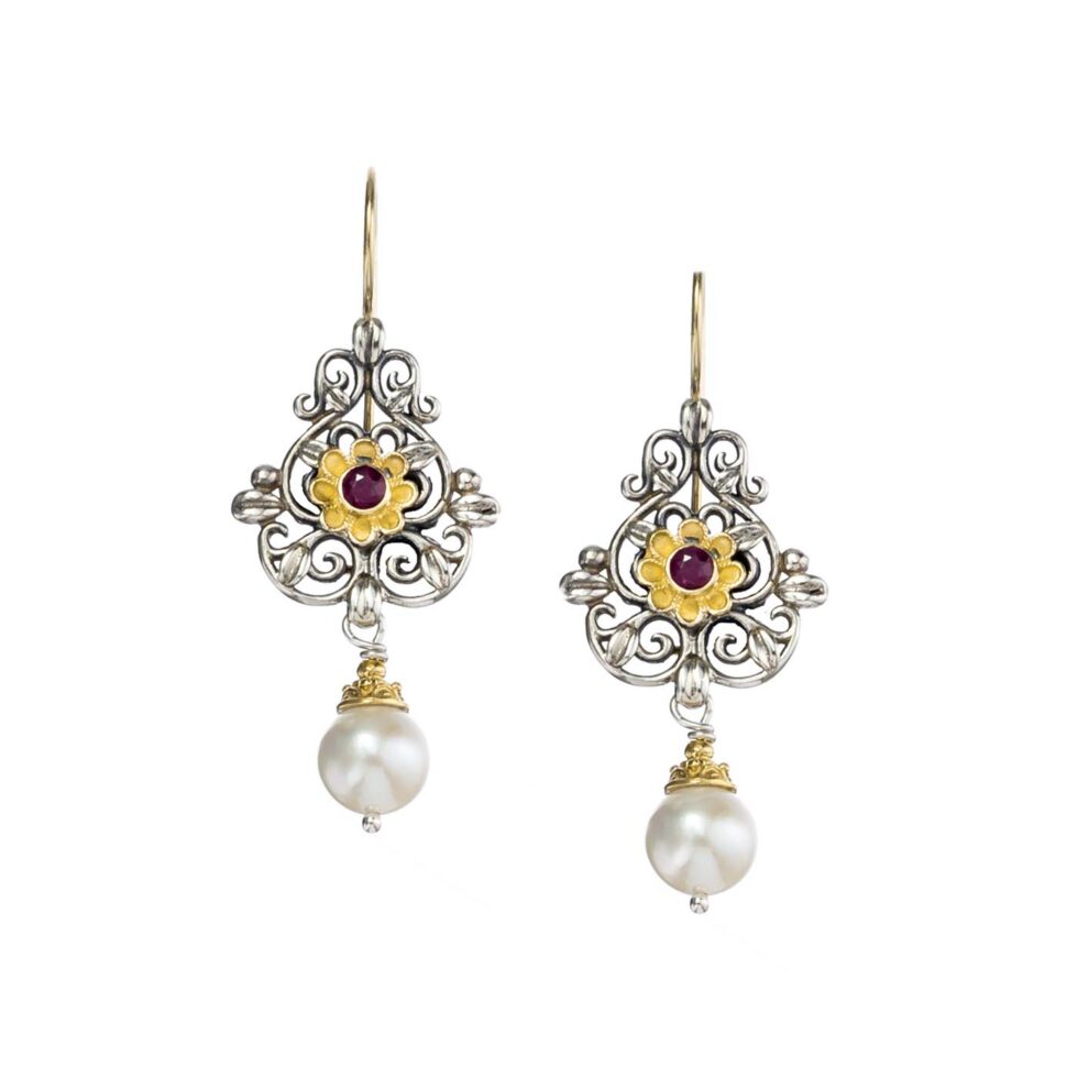 Byzantine long earrings in 18K Gold and Sterling Silver with ruby