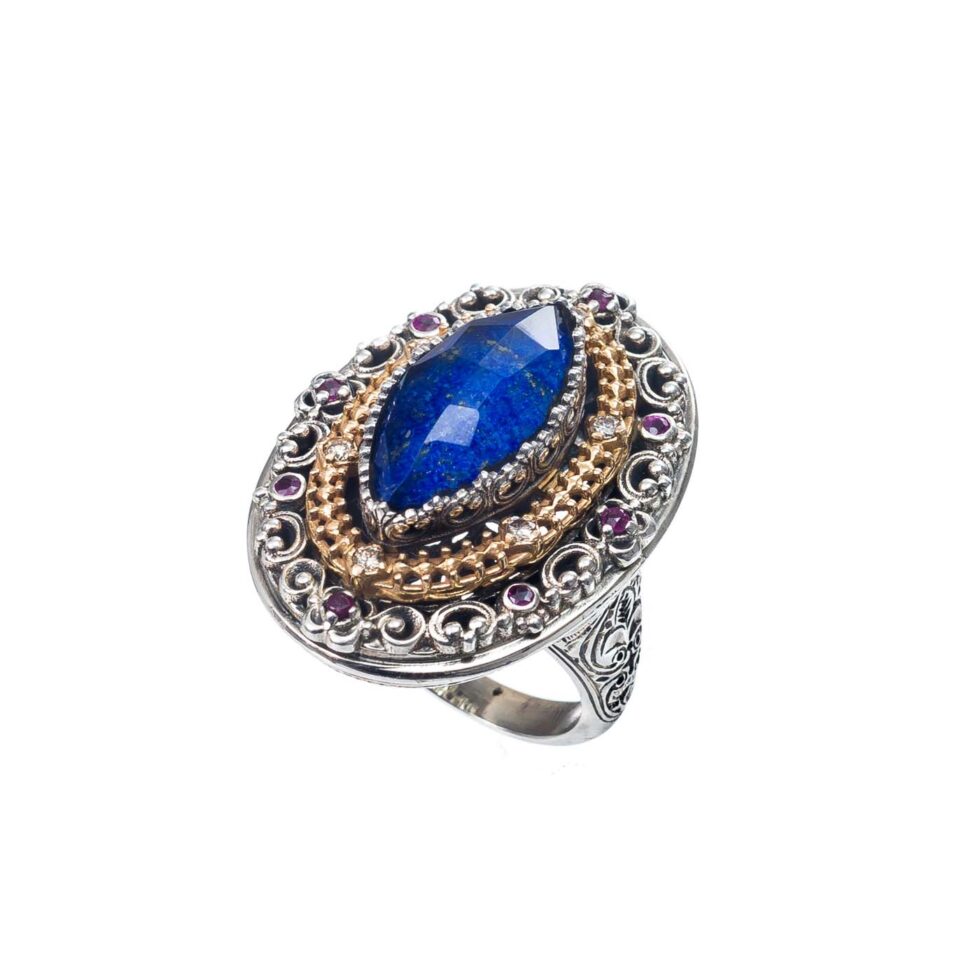Iris marquise ring in 18K Gold and Sterling Silver with doublet stone and precious stones