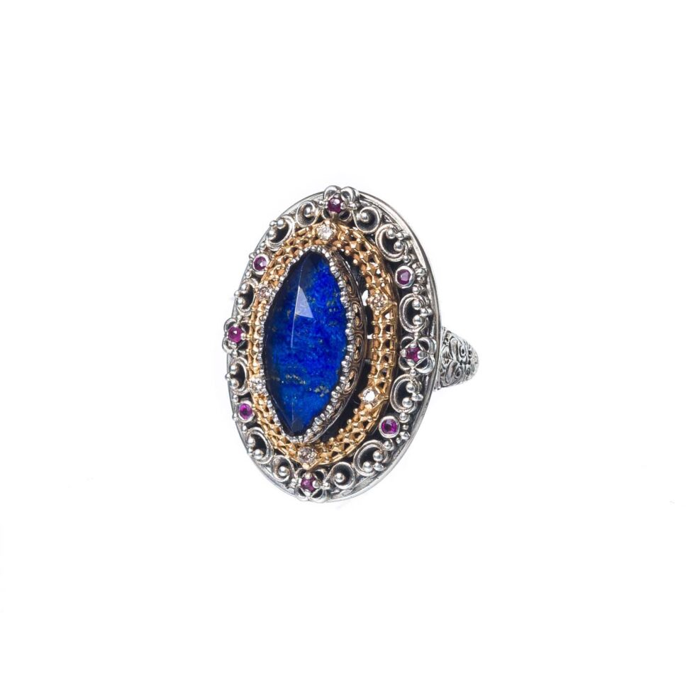 Iris marquise ring in 18K Gold and Sterling Silver with doublet stone and precious stones