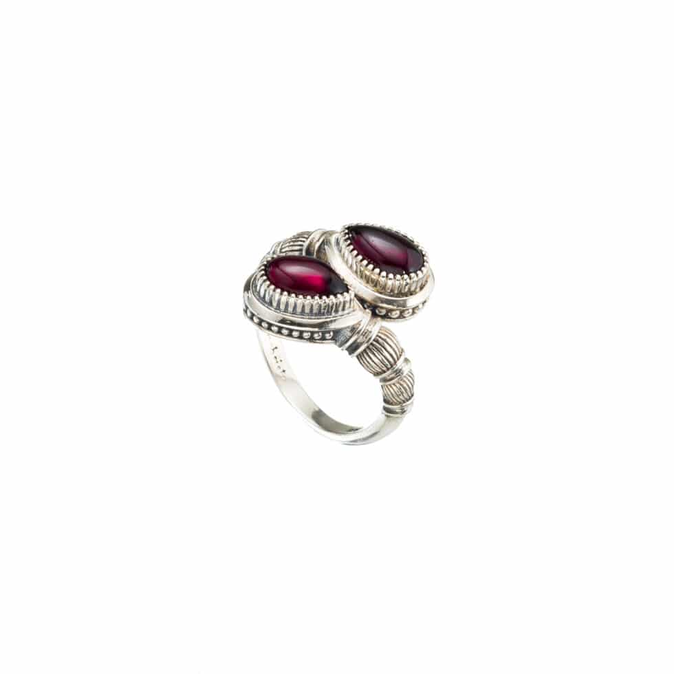 Ariadne double drop ring in Sterling Silver with garnet