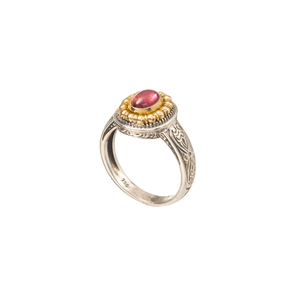 Athenian flowers oval ring in 18K Gold and Sterling Silver with pink tourmaline