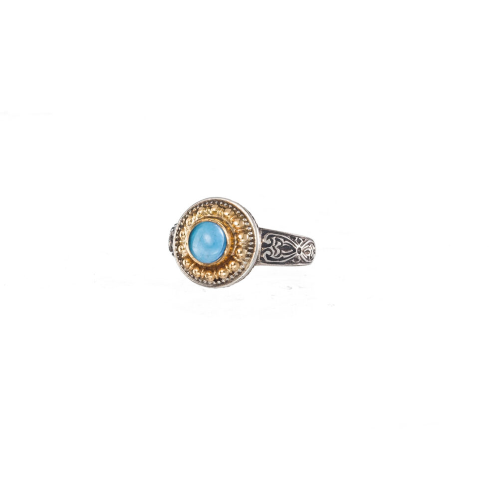 Athenian flower round ring in 18K Gold and Sterling Silver with aqua spinel