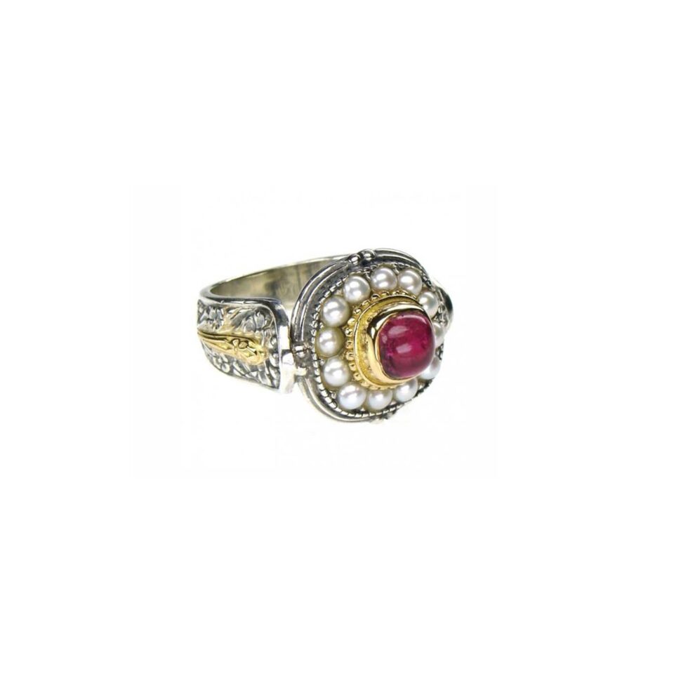 Athenian flowers Aphrodite ring in 18K Gold and Sterling Silver with garnet