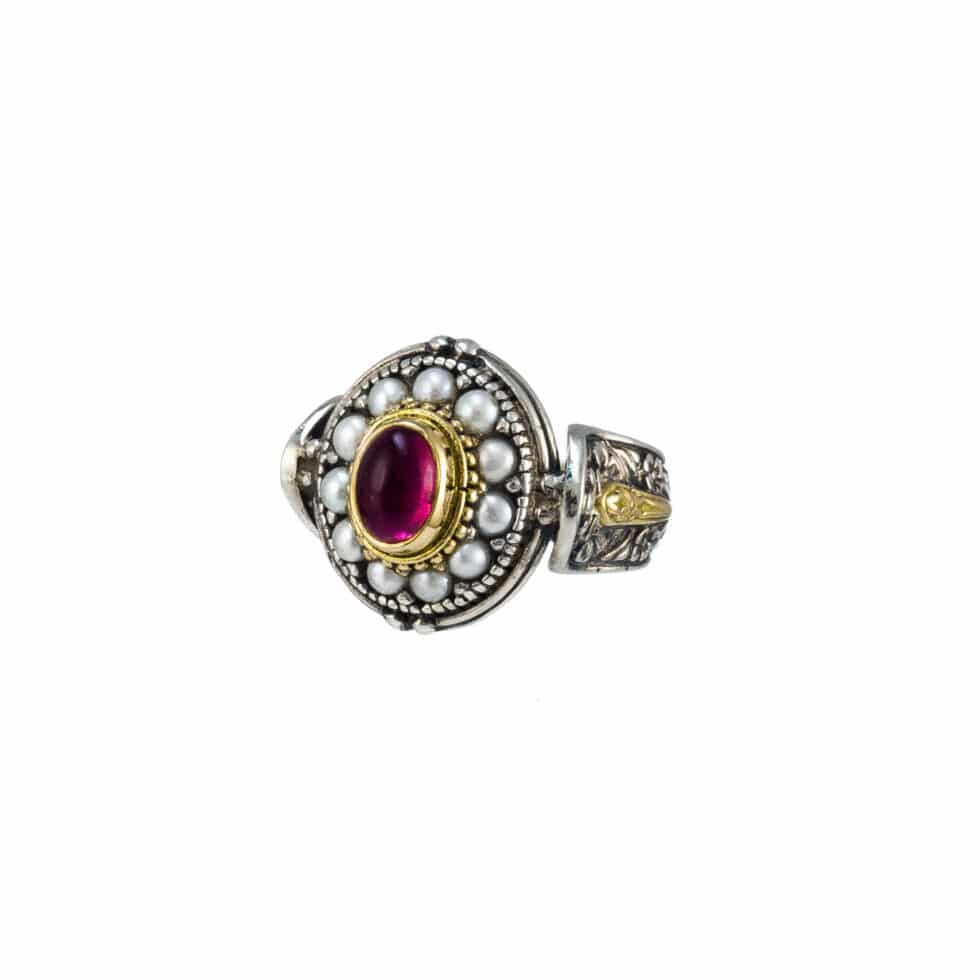 Athenian flowers Aphrodite ring in 18K Gold and Sterling Silver with garnet