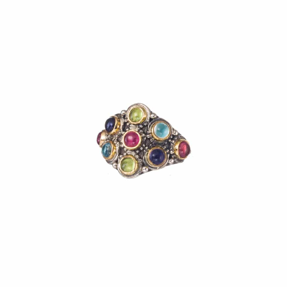 Athenian flowers ring in 18K Gold and Sterling Silver with multi semi precious stones