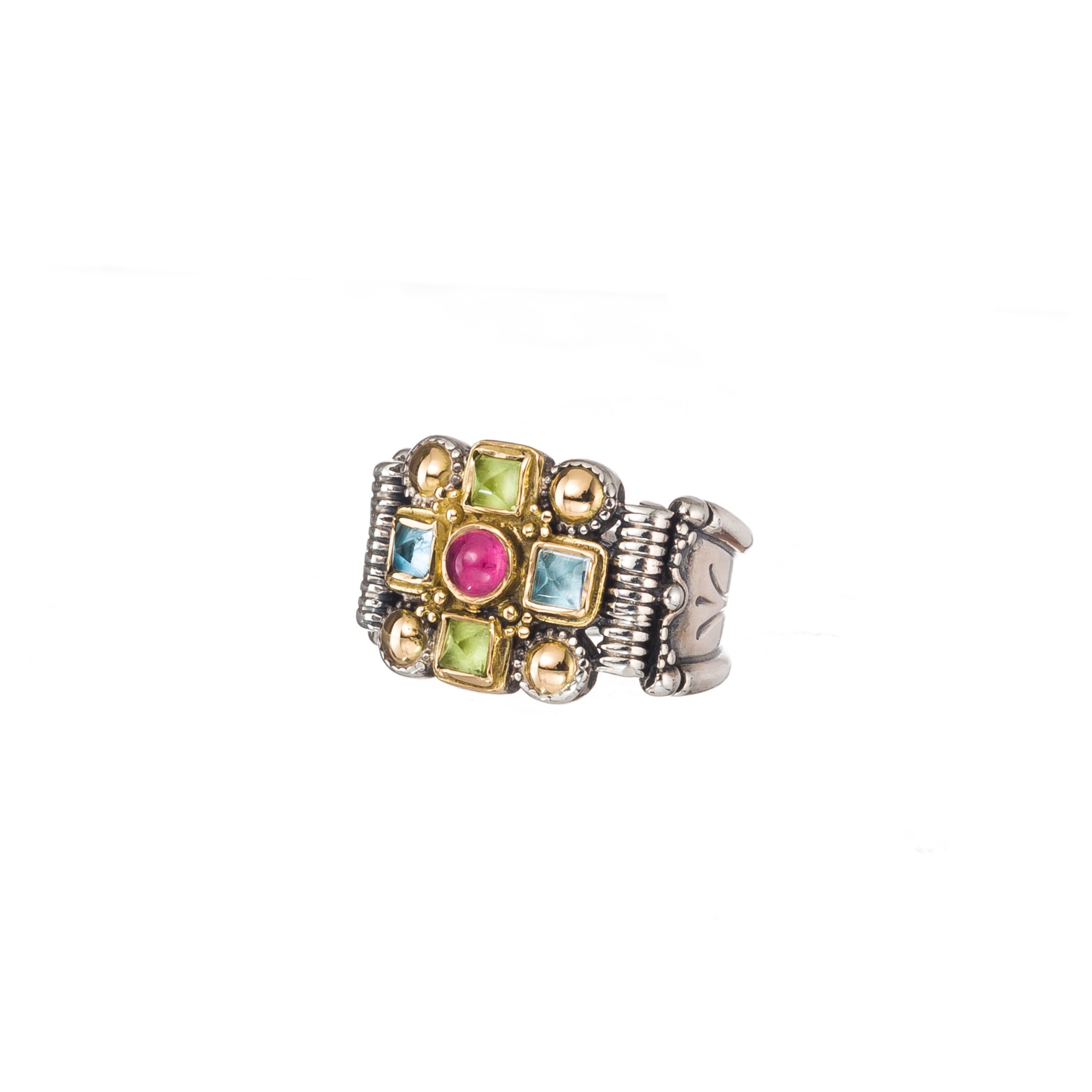 Byzantine cross ring in 18K Gold and Sterling Silver with multi semi precious stones