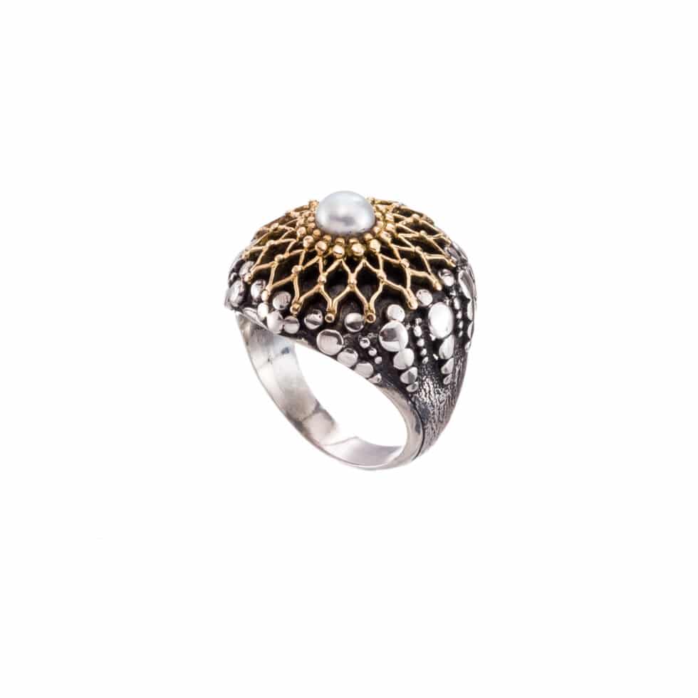 Byzantine ring in 18K Gold and Sterling Silver with pearl