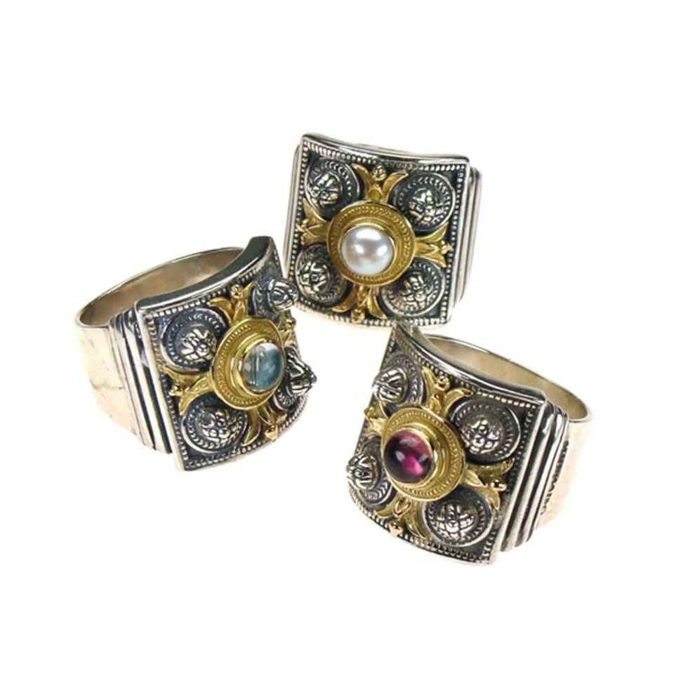Athenian flowers ring in 18K Gold and Sterling Silver with semi precious stone