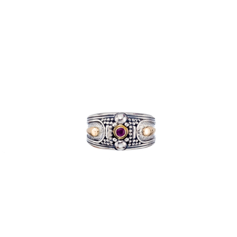 Byzantine ring in 18K Gold and Sterling Silver with ruby