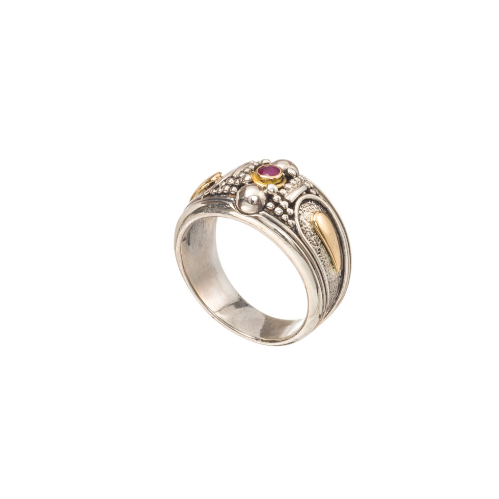 Byzantine ring in 18K Gold and Sterling Silver with ruby
