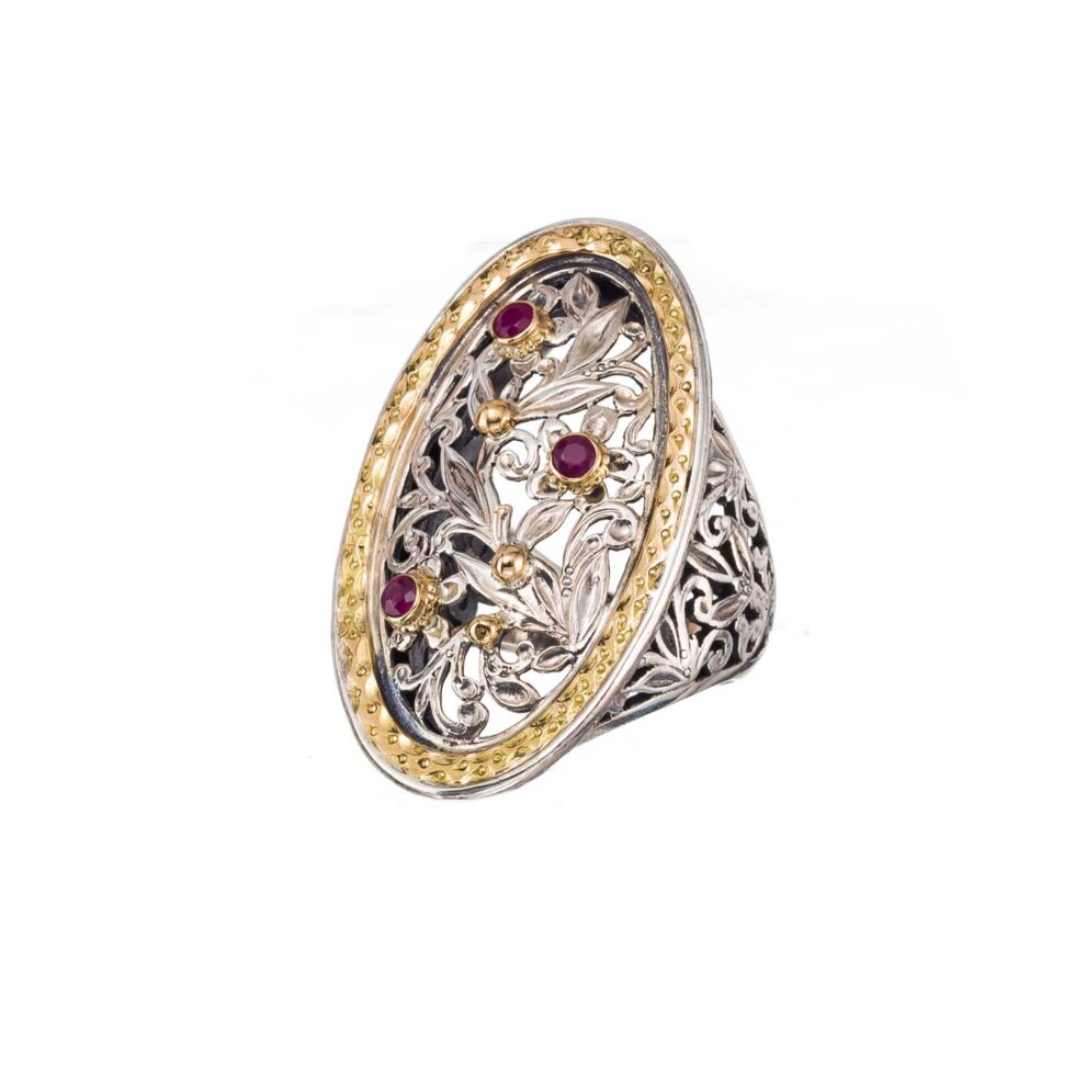 Garden shadows big oval ring in 18K Gold and Sterling Silver with rubies