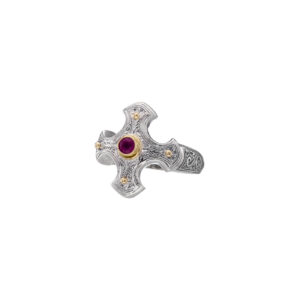 Classic Cross Ring in 18K Gold and Sterling Silver with ruby - Image 5