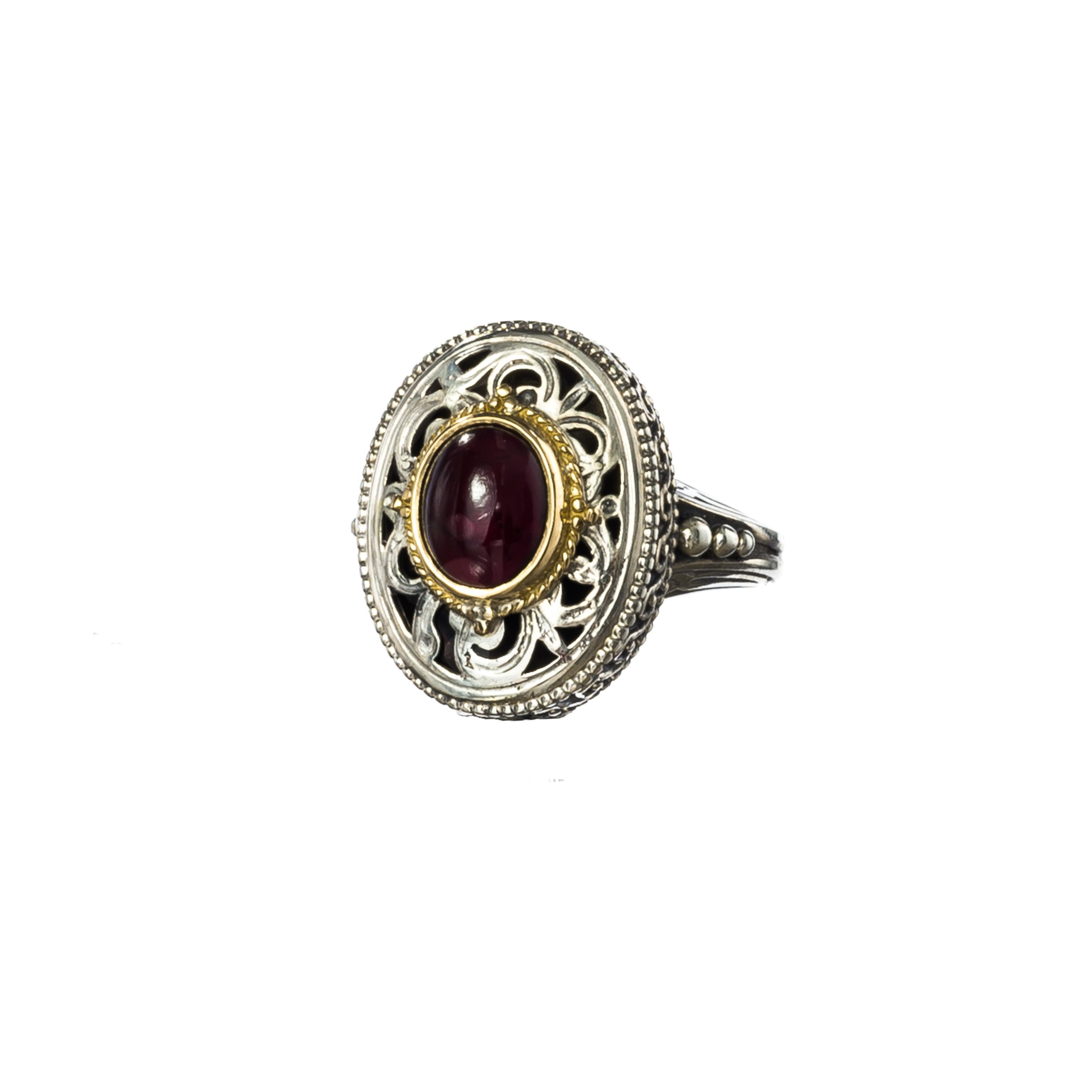 Garden shadows big oval ring in 18K Gold and Sterling Silver with garnet
