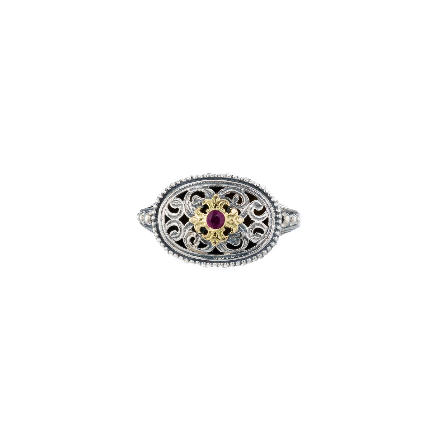 Garden shadows oval ring in 18K Gold and Sterling Silver with ruby
