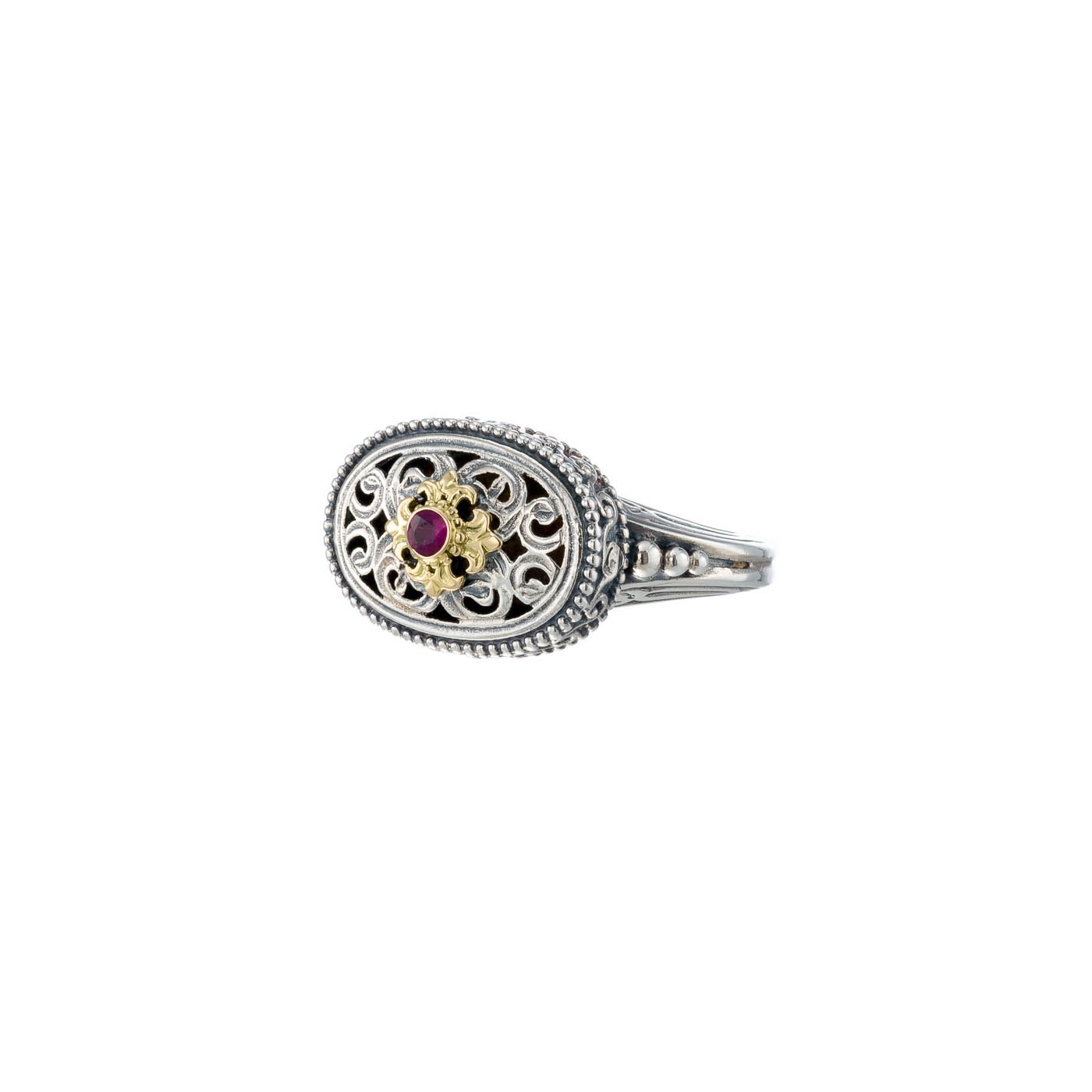 Garden shadows oval ring in 18K Gold and Sterling Silver with ruby