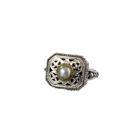 Garden shadows polygon ring in 18K Gold and Sterling Silver with pearl