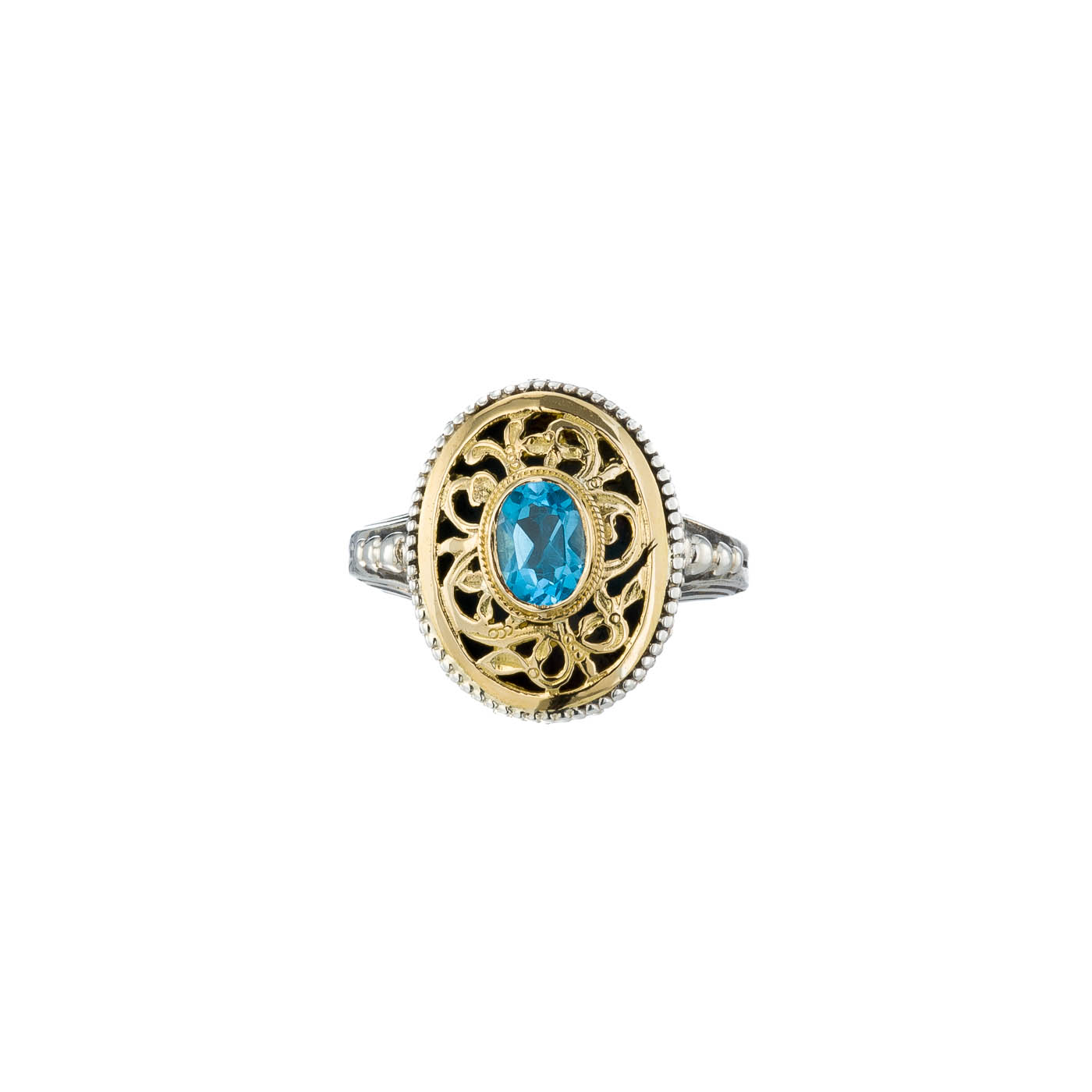 Garden Shadows oval ring in 18K Gold and Sterling Silver with blue topaz