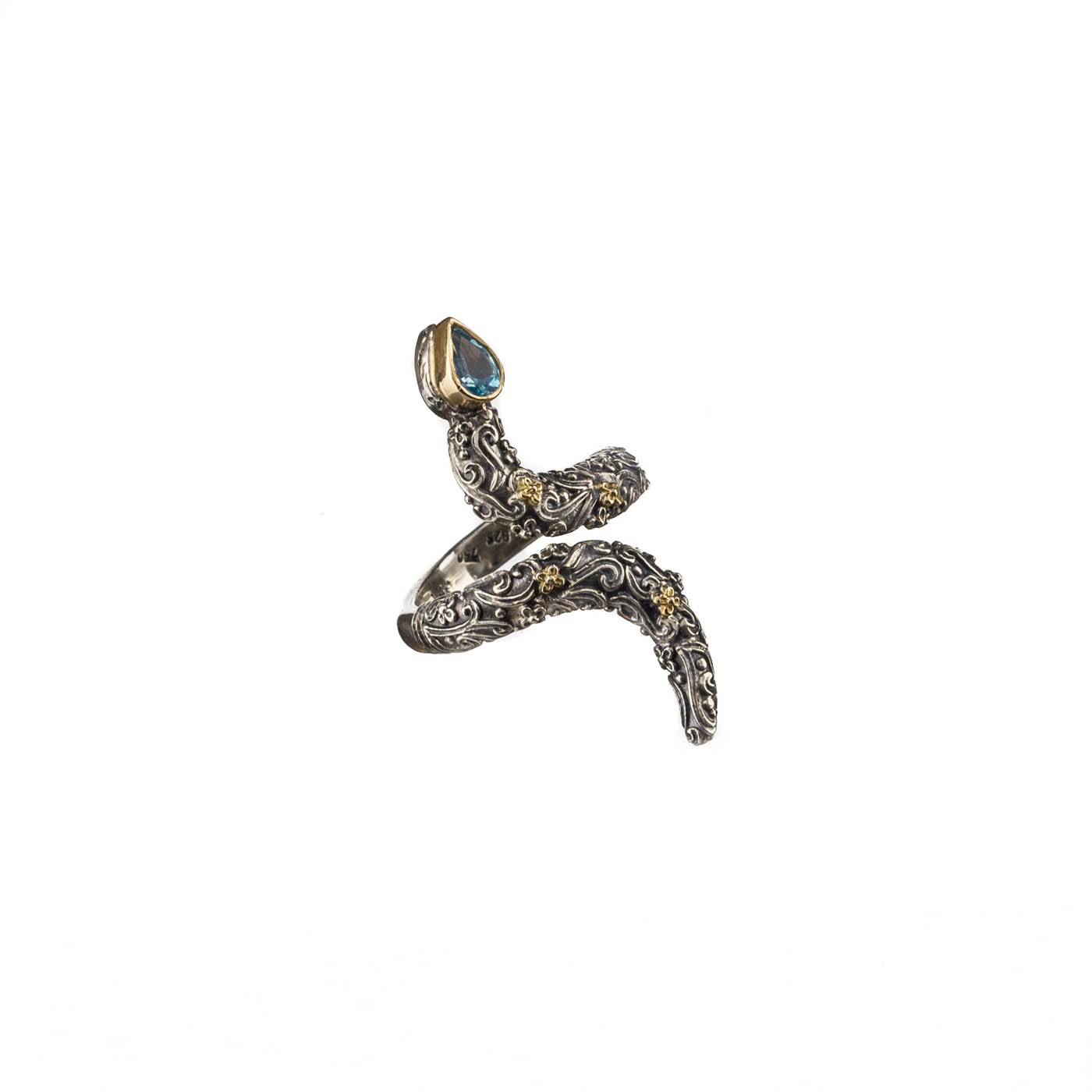 Eve Snake ring in 18K Gold and Sterling Silver with blue topaz ...