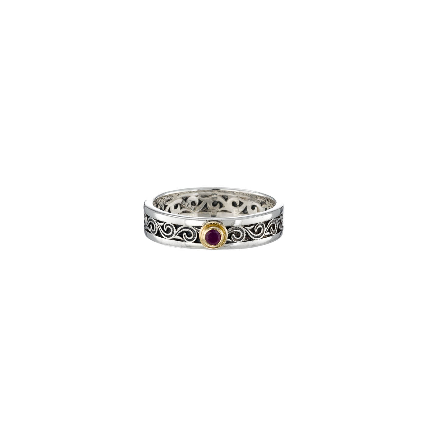 Kyma band ring in Sterling Silver and18K Gold with ruby